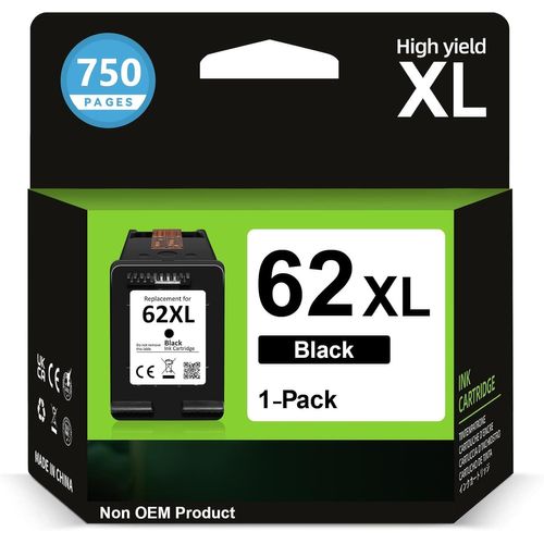 Cartouche 62 Noir XL, Encre 62 XL Noir Remplacement pour Cartouche Encre HP 62 Noir, Cartouche Imprimante 62XL pour OfficeJet 200 250 5742 5740 Envy 7640 5540 5640 5544 5646 5548 5545 5547