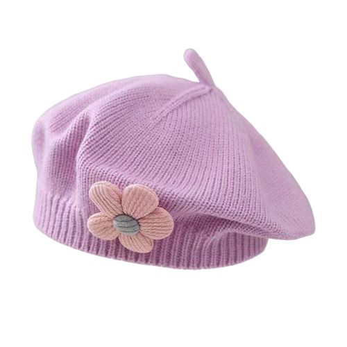 Filles Hiver Chapeau Fleur Décor Tricoté Élastique Anti-Dérapant Enfants Peintre Casquette Photo Accessoire Quotidien En Plein Air Voyage École Shopping Chapeaux-Violet