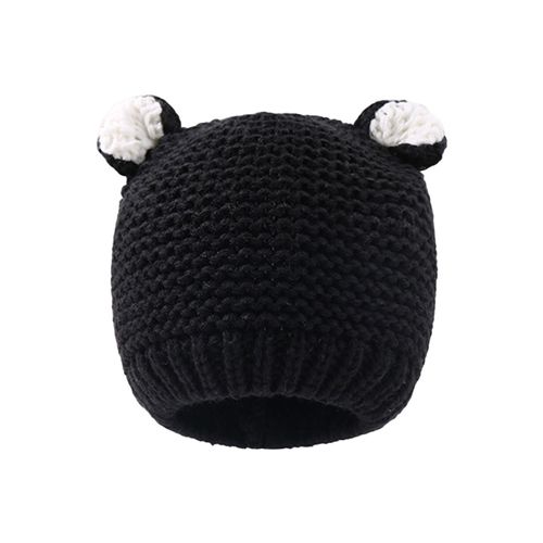 Bonnet Tricoté De Couleur Unie Pour Enfants, Chapeau Avec Oreilles D'ours De Dessin Animé, Coupe-Vent, Chaud Et Élastique, Surdimensionné, Automne Et Hiver-Noir
