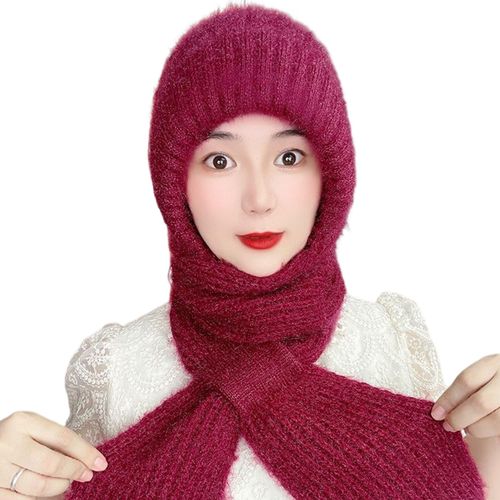 Dames Hiver Intégré Chapeau Écharpe Épaissi Tricoté Chaud Doux Confortable Élastique Oreille Cou Protection De La Tête Coupe-Vent Couleur Pure Cagoule Cou Wrap Combo Lady Headwear-Vin Rouge