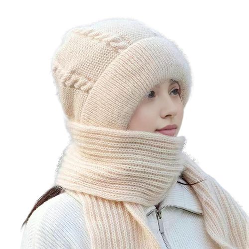 Chapeau D'hiver Pour Femme Avec Écharpe Longue Intégrée, Tricoté Épais Et Chaud, Coupe-Vent, Haute Élasticité, Protection Complète, Voyage En Plein Air, Casquette Par Temps Froid-Beige