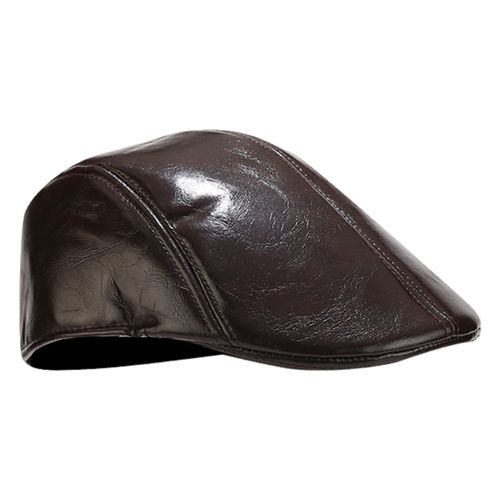 Chapeau Pour Hommes Style Vintage Couleur Unie Lisse Faux Cuir Chapeau Avancé Hommes D'âge Moyen Béret Temps Froid Randonnée Casquette De Voyage Casquette De Gavroche Anglaise-Marron Foncé