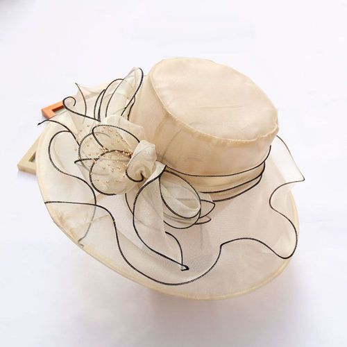 Chapeau De Soleil À Fleurs Pour Femmes, Élégant, À Large Bord, Pour Mariage, Thé, Fête, Église, Voyage-Beige