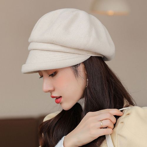Béret Rétro Épais De Couleur Unie Pour Femmes, Bord Bouclé Décontracté, Garde Au Chaud, Élégant, À Bord Court, Casquette Octogonale Pour Un Usage Quotidien-Beige