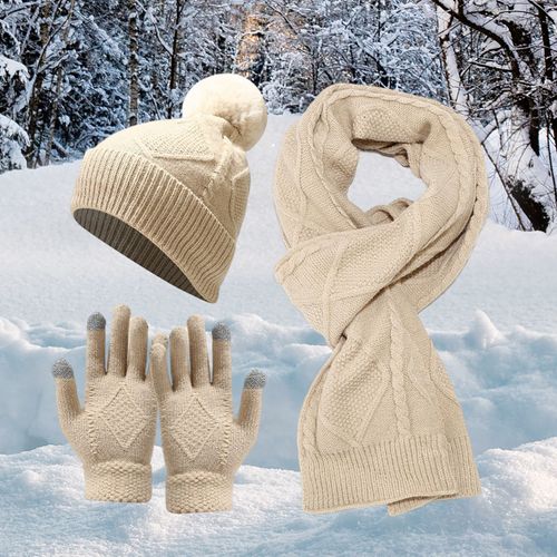 3 Pièces/Ensemble Hommes Hiver Chapeau Écharpe Gants Ensemble Épais Tricoté Chaud Élastique Protection Des Oreilles Cinq Doigts Coupe-Vent Hiver En Plein Air Cyclisme Casquette Cou Chaîne Gants Ensemble-Beige