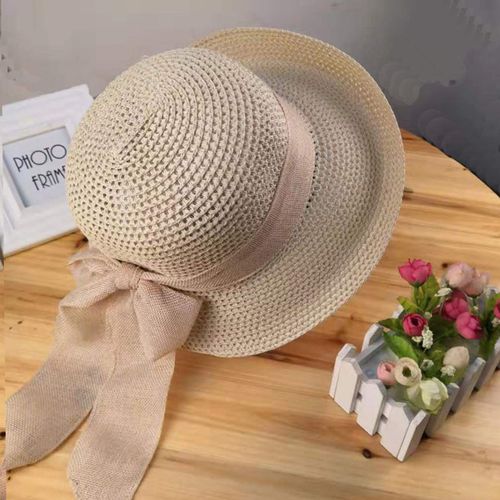 Chapeau De Paille Décoratif Avec N?ud Papillon En Ruban, Dôme Rond, Couleur Unie, Pliant Pour Femmes, Grand Bord, Protection Solaire, Chapeau De Voyage, Accessoires De Mode-Beige