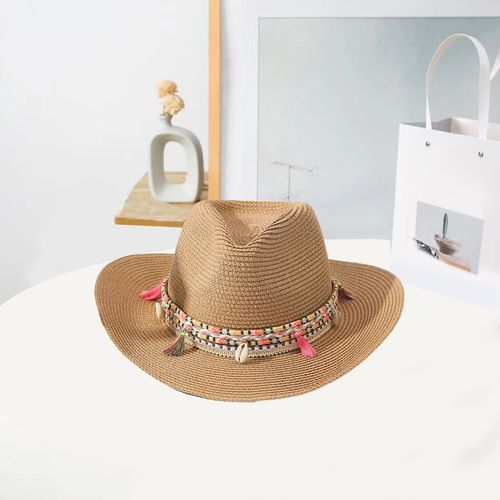 Chapeau De Paille Style Bohémien, Coquille De Pompon, Corde Colorée, Décor Non Étouffant, Unisexe, Protection Solaire À Grand Bord, Chapeau De Jazz, Accessoires De Mode-Chameau M