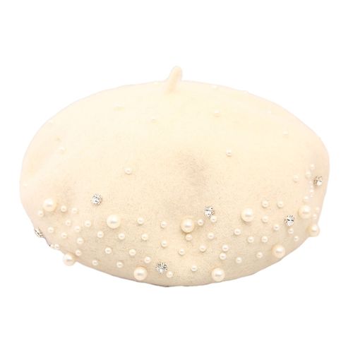 Béret En Fausse Perle Et Strass Pour Femmes, Chapeau En Laine, Style Anglais Vintage, Sans Bord, Couleur Unie, Bretelles Réglables, Casquette Citrouille-Blanc