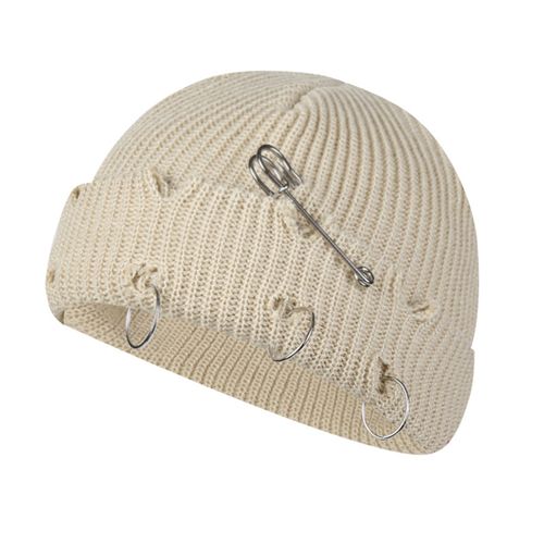 Chapeau Tricoté Hip Hop Déchiré Avec Anneau En Métal, Couleur Unie, Garde Au Chaud, Fil De Laine, Automne Hiver, Bonnet Pour L'extérieur Pour Femmes-Beige