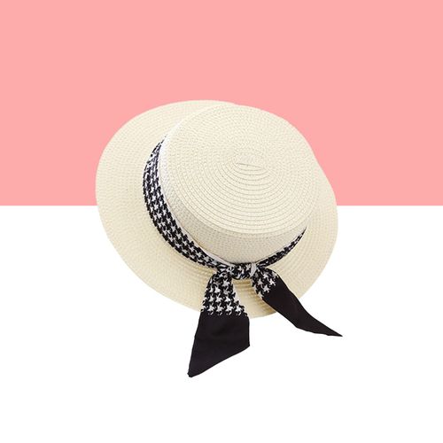 Ruban À Lacets Décor Plat Dôme Chapeau De Soleil Femmes À Large Bord Crème Solaire Chapeau De Paille Accessoires De Mode-Beige
