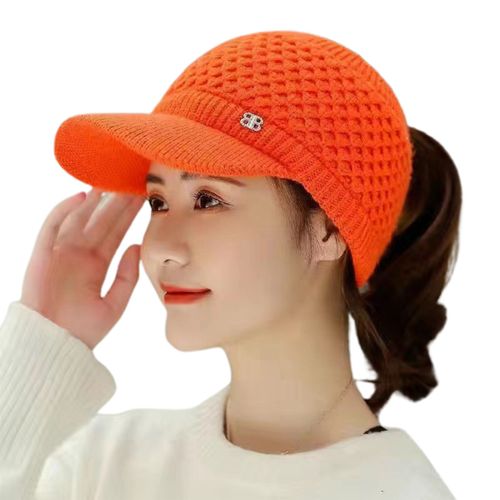 Chapeau Tricoté Avec Doublure En Peluche Pour Femme, Casquette De Sport Décontractée, Extensible, Garde Au Chaud, Couleur Unie, Automne Et Hiver, Pour L'extérieur-Orange