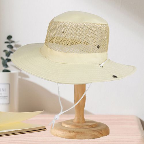 Chapeau De Pêcheur Ajouré Pour Femmes, Respirant, À Large Bord, Sangle Coupe-Vent, Protection Solaire Pliable, Chapeau D'alpinisme, Couvre-Chef De Soleil-Beige
