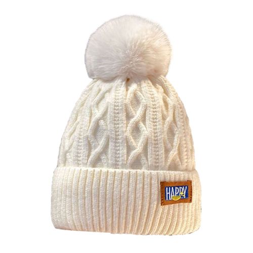 Bonnet En Laine Épais Pour Femme, Chapeau En Peluche, Décor De Boule, Texture Losange, Protection Des Oreilles, Double Couche, Tricot Thermique, Hiver-Beige