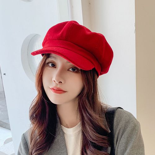 Béret Chapeaux Couture Exquise Laine Épaisse Décontracté Tout Assorti Décoratif Hiver Béret Casquettes Pour Les Femmes-Rouge