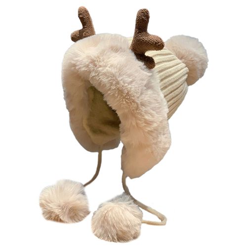 Chapeau Chaud Pour Femme Avec Boules De Fourrure Épaisses, Doublure En Peluche, Coupe-Vent, Confortable, Protection Des Oreilles, Cadeaux De Noël, Automne Et Hiver, Jolis Bonnets En Bois De Renne, Bonnet En Laine Pour L'extérieur-Beige