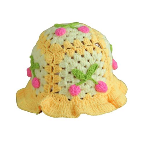 Chapeau En Laine De Dessin Animé, Chapeau En Tricot Avec Appliques De Cerises, Couleur Bonbon, Couvre-Chef Pour Enfants, Chapeau Seau, Photographie Pour Enfants, Chapeau Au Crochet, Fêtes D'anniversaire, Casquette D'extérieur-Jaune