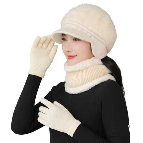 3 Pièces/Ensemble Femmes D'âge Moyen Chapeau D'hiver Écharpe Gants Ensemble Épais Tricoté Protection Des Oreilles Cap Gants Élastique Coupe-Vent Mère Hiver Cyclisme En Plein Air Dôme Bonnet Cou Wrap Ensemble-Beige