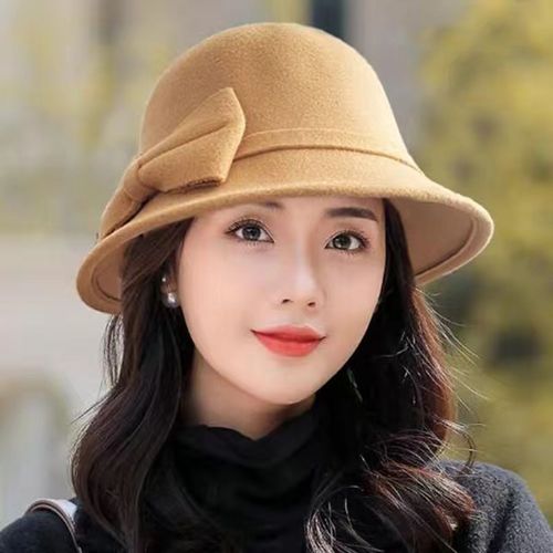 Chapeau En Laine Chaud Pour Femmes, Couleur Unie, Large Bord, Dôme Rond, Automne Hiver, Élégant, Décor De N?Ud Papillon, Chapeau Fedora En Feutre, Usage Quotidien-Beige