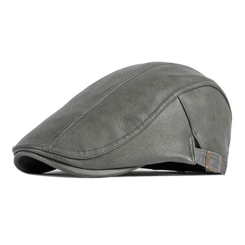 Chapeau Avancé En Faux Cuir Pour Hommes, Style Rétro Britannique, Couleur Unie, Couture Ferme, Coupe-Vent, Épais Et Chaud, Béret Newsboy-Gris