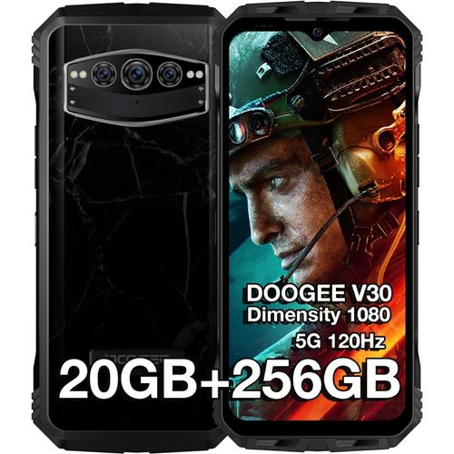 DOOGEE V30T 5G, 20GB+256GB, 10800mAh/66W, 108MP, 6.58" 120Hz, Dimensity 1080 Android Smartphone Incassable, NFC/OTG/IP68 Noir