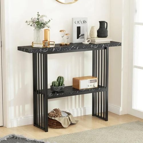 Costway Console, Meuble D'entrée Effet Marbre - 2 Niveaux 120 X 29,5 X 92,5 Cm, Cadre En Métal Style Scandinave Noir