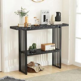 Costway Console, Meuble D'entrée Effet Marbre - 2 Niveaux 120 X 29,5 X 92,5 Cm, Cadre En Métal Style Scandinave Noir