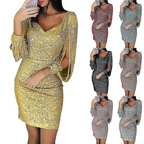 Femmes Sexy Sequin V Cou Bodycon Mini Robe Tassels Manches Longues Cocktail Party Robe De Bal De Soirée