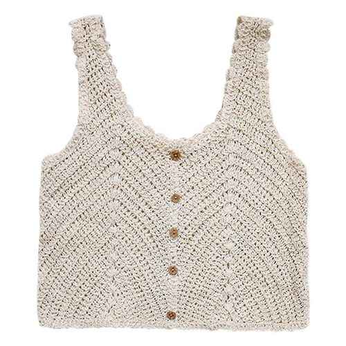 Femmes Crochet Sans Manches Gilet Gireau Bas Cut Scoop Col Bouton Bas Crop Cardigan Hollow Tricot Rayé Pull Pour Jac