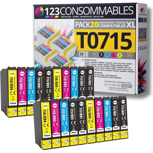 T0715 - Pack Pour Epson T0715 T0711 T0712 T713 T0714 - Cartouches Compatible Avec Epson Stylus Sx218 Sx400 Sx510W Sx515W Dx7450 Dx8450 (8 Noir / 4 Cyan / 4 Magenta / 4 Jaune)[Cartouche1635]