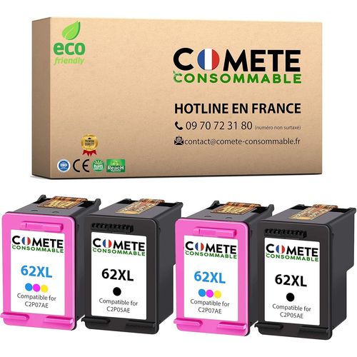 Comete, Marque Française - 62Xl - 4 Cartouches D'Encre Compatibles Avec Hp 62 Xl - Pour Hp Envy 5640 5540 7640 5548 Officejet 5740 5742 (Noir Et Couleur)[Cartouche340]