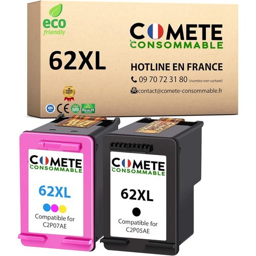 Comete, Marque Française - 62Xl - 2 Cartouches D'Encre Compatibles Avec Hp 62 Xl - Pour Hp Envy 5640 5540 5547 5644 7640 Officejet 200 250 5740 5742 (Noir Et Couleur)[Cartouche339]
