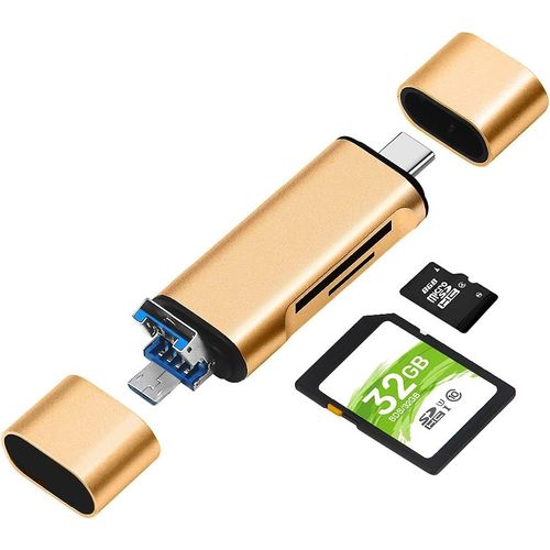 Lecteur de Carte SD/Micro SD, BorlterClamp Lecteur de Carte Mémoire 3 en 1 avec Adaptateur OTG USB C MicroUSB Compatible avec PC, Ordinateur Portable, MacBook, Tablette, Smartphone (Or)