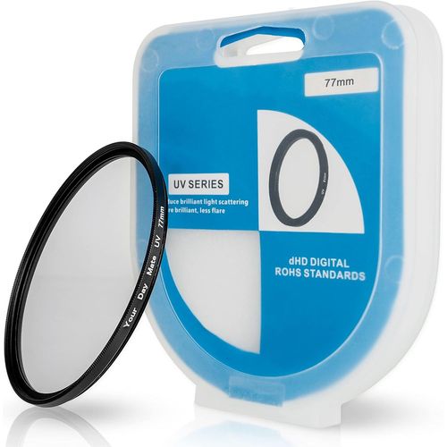 Filtre UV avec étui, Ø 77 mm, Universellement Compatible avec Nikon, Canon, Sony, Filtres en Verre pour Objectif d'appareil Photo, Bloque Les Rayons ultraviolets, Housse de Protection, UV Filter