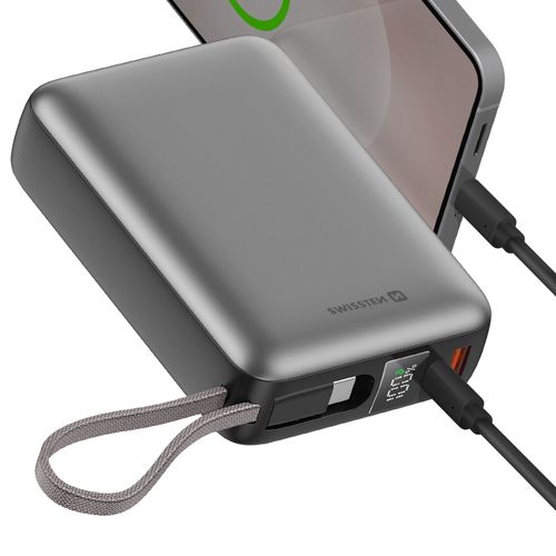 Batterie Externe 20000mah 45w Avec Câble Usb-C Intégré Ports Usb-C Usb Swissten Argent