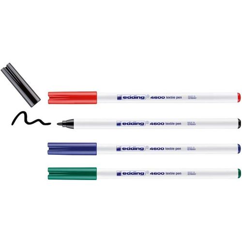 4600 Feutre Pour Textiles - Noir, Rouge, Bleu, Vert - 4 Pièces - Pointe Ronde De 1 Mm - Feutre Textile Lavable En Machine (60 °C) Pour Décorer Le Tissu - Marqueur Textile
