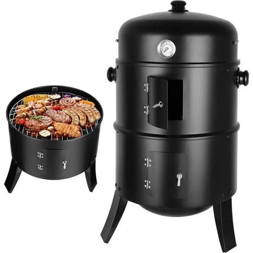 Fumoir 3 en 1, smoker fumoir, barbecue charbon de bois, Ø44,5 x 80 cm,Avec évacuation d'air réglable et thermomètre, bac à eau, 371