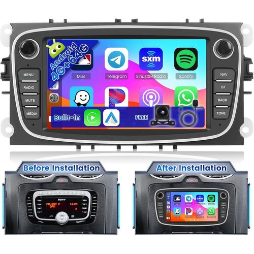 Mondodigitale-4g+64g Autoradio Android Pour Ford Focus/S-Max/Mondeo 9/Galaxy Ii/C-Max/Kuga Avec Carplay Sans Fil Android Auto Sans Fil - 7" Écran Tactile Wifi Fm/Rds Gps Usb Bt Caméra De Recul+Mic