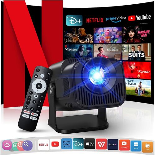 MONDODIGITALE-[Netflix /Dolby Audio] 4K Vidéoprojecteur Avec Wifi Et Bluetooth, 1080P Natif Mini Projecteur Portable, One-Click Use Netflix/Youtube/Primevideo/D+ Intégré, Smart Home Outdoor Projecteu