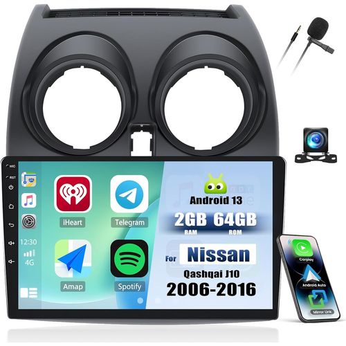 MONDODIGITALE-[2G + 64G] Autoradio Android 13 Avec Bluetooth Pour Nissan Qashqai J10 2006-2016 Avec Carplay Android Auto, Radio Tactile 9"" Avec Gps Wifi Fm/Rds Eq Mirror Link + Caméra De Recul Et Mic
