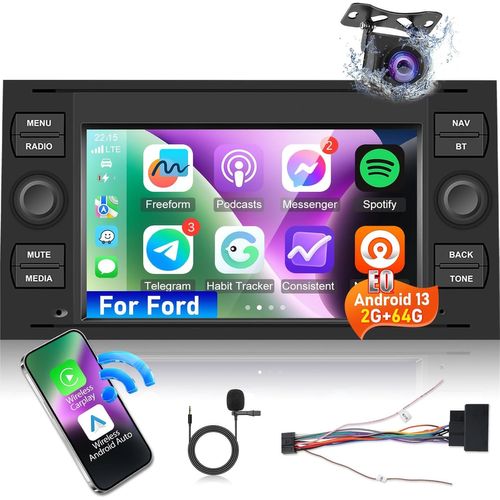 Mondodigitale-[2+64g] Autoradio Android Pour Ford Focus/Transit/C-Max/S-Max/Galaxy/Fusion/Kuga/Mondeo/Connect Avec Carplay & Android Auto - Radio À Écran Tactile Hd 7 Pouces Avec Wifi Gps Eq Swc + Ca
