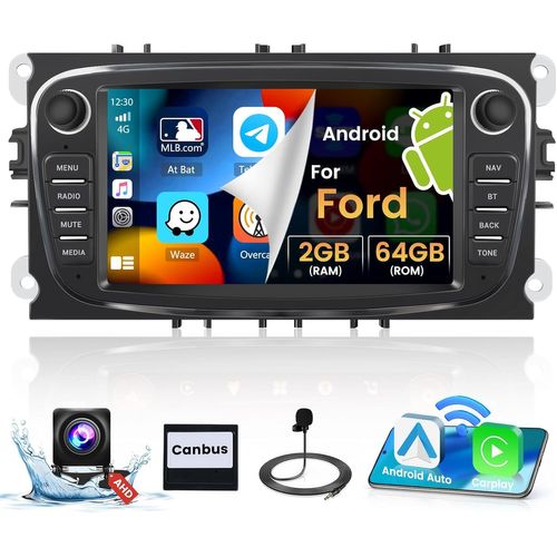 MONDODIGITALE-[2G+64G] 7" Android Autoradio Pour Ford Focus/S-Max/Mondeo 9/Galaxy Ii/C-Max/Kuga Avec Sans Fil Carplay Android Auto Autoradio Bluetooth Avec Écran Tactile Gps Wifi Rds Fm Swc Ahd Camér