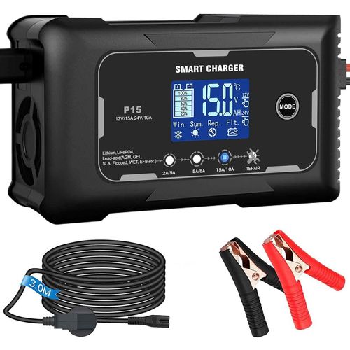 MONDODIGITALE-Chargeur De Batterie De Voiture 12 V/15 A Et 24 V/10 A, Pour Voiture, Moto, Tondeuse À Gazon, Bateau, Lithium, Lifepo4, Acide Plomb (Agm, Gel, Mf, Efb, Sla, Vrla, Etc.)