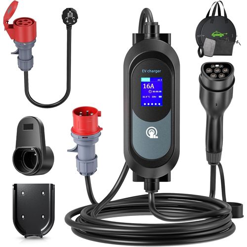 MONDODIGITALE-Chargeur Voiture Electrique 11Kw,[ Triphasée,6M],Ev Chargeur Type 2, 6A/8A/10A/13A/16A Câble De Type 2, Chargeur Temporisée, Cable Recharge Voiture Electrique Avec Sac,Fiche Cee