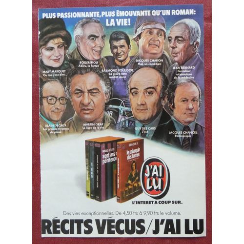 Publicité Vintage Années 70 J'Ai Lu (Portraits De Mary Marquet, Roger Riou, Raymond Poulidor, Jacques Charon, Jean Bernard, Alain Decaux, Martin Gray, Guy Des Cars, Jacques Chancel). 13 X 18,5 Cm