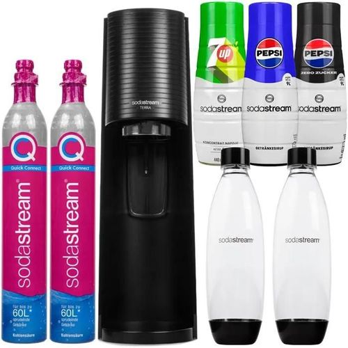 SATURATEUR SODASTREAM TERRA NOIR 2 BOUTEILLES + 2 CARTOUCHES + 3X SIROP PEPSI 7UP