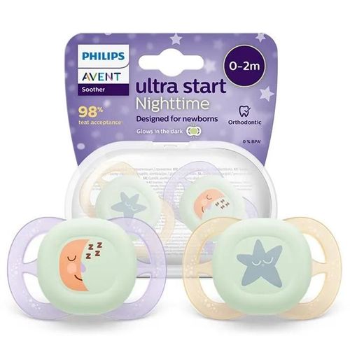 Philips Avent Ultra Start Nighttime Sucette 0-2m Luminous Night 2pcs + Étui