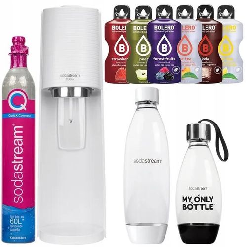SODASTREAM TERRA SATUREUR D'EAU BLANC 2 BOUTEILLES CARTOUCHE CO2 + 6 BOISSONS