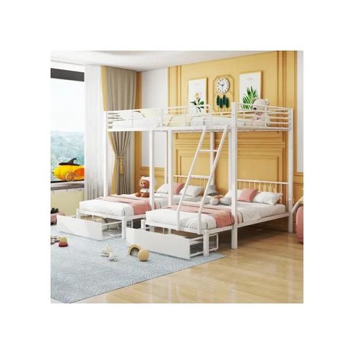 Lit Superposé Triple Avec Tiroirs, Convertible En Un Lit Double 140 X 200 Et Deux Lits Simples 90 X 200, Couleur Blanche