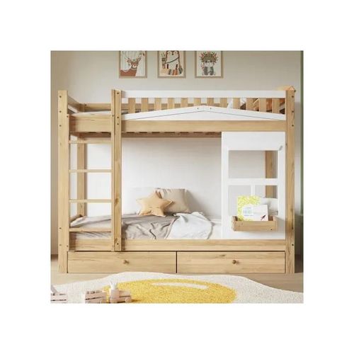Lit Superposé Avec Rails De Chute, Rails Solides, Grand Espace De Rangement, Pin + Mdf, Blanc + Naturel, 90x200 Cm