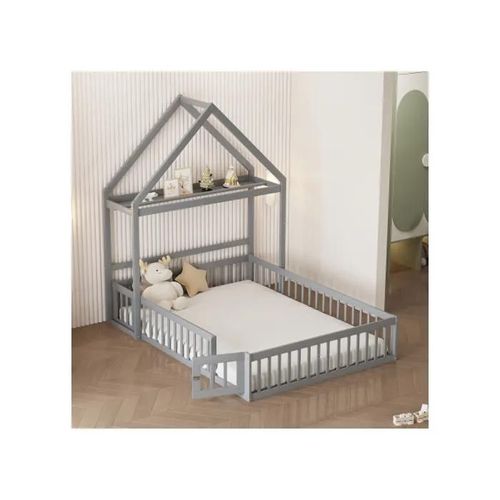 Lit De Bébé 140 X 200 Avec Espace De Rangement, Rails De Sécurité Intégrés, Porte Et Sommier À Lattes, Gris